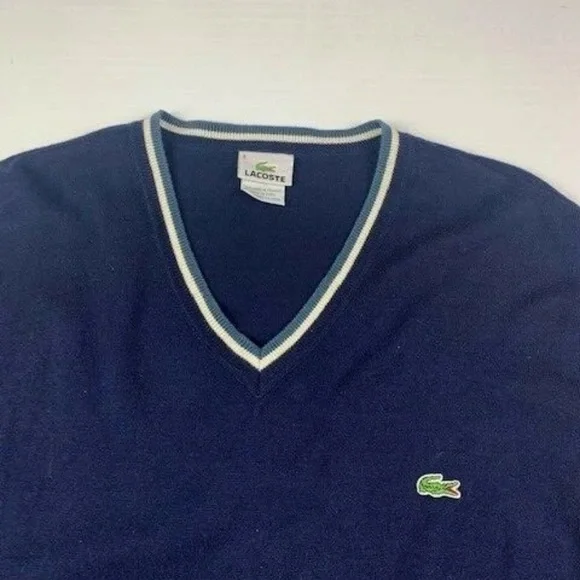LACOSTE Mens V Neck Cotton Pullover Sweater Size 6 Navy - Picture 4 of 8